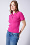 Polo Collar Button Detail Tricot Blouse Fuchsia - 3