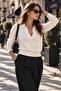 Women's Ecru Polo Collar Long Sleeve Knit Sweater - 2