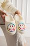 Women's Ecru Smiling Face Embroidered Comfortable and Useful Non-Slip Plush House Slippers