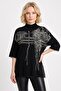 Women's Black High Collar Patterned Half Sleeve Knit Sweater - 2