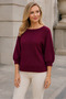 Women's Raglan Sleeves Balloon Sleeve Boat Neck Ribbed Detailed Comfortable Fit Soft Elegant Casual Burgundy Knitwear Sweater - 6