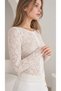 Women's Ecru Floral Lace Fabric Crew Neck Long Sleeve Blouse with Agraflas - 8