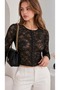 Women's Black Floral Lace Fabric Crew Neck Long Sleeve Blouse with Agraflas - 4