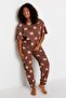 Curve Brown Teddy Bear Patterned Knitted Pajama Set