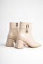 Women's Beige 7cm Thick Heeled Boots & Booties with Gold Accessories and Zipper - 8