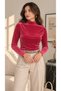 Women's Pink Color Velvet Fabric Stand Collar Long Sleeve Basic Blouse - 2