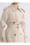 Beige Jacket with Collar and Belt Women's Trench Coat - 4