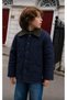 Boy's Quilted Coat Navy Blue Velvet Collar Detailed Buttoned Seasonal Coat