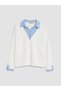 Ecru Shirt Collar Striped Women's Sweatshirt - 5