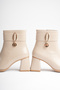 Women's Beige 7cm Thick Heeled Boots & Booties with Gold Accessories and Zipper - 6