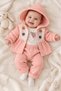 Baby Girl Hooded Waffle 3-Piece Set with Floral Detail Cardigan and Bottom Top Set 0-12 Months - 2
