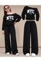 Girl's Boat Neck Nyc Printed Black Sweatshirt-Black Loose Fit Sweatpants Set