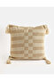 Beige Checkered Embroidered Cushion - 2