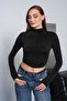 Women's Black Draped Detailed Half Zipper High Collar Blouse Pc7008