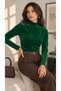 Women's Emerald Green Velvet Fabric Stand Collar Long Sleeve Basic Blouse - 2