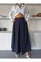 Women's Navy Blue Belted Pleated High Waist Wide Leg Trousers Mi̇n5003