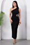 One-Shoulder, Buckle-Waist, Slit Crepe Dress Grs4151 - 5
