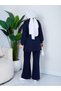 Women's Navy Blue Pleated Oysho Suit with Waist Belt Asf414 - 3