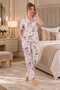 Women's Flower-Patterned Comfortable Fit Pajama Set - 3