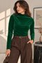 Women's Emerald Green Velvet Fabric Stand Collar Long Sleeve Basic Blouse - 7