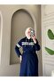 Women's Hooded Long Coat – Zippered Adjustable Waist Detailed Hijab Casual Two-Thread Coat N-05537 _ Navy Blue - 2