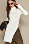 Yaleni Women's Stand Collar Long Sleeve Slit Ecru Blouse - 2