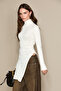Yaleni Women's Stand Collar Long Sleeve Slit Ecru Blouse - 4