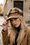 Retro Plaid Fabric Women's Hat with Leather Detail - 3