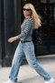 Women's Striped Long Sleeve Blouse Retro Line Blue Brown – Crew Neck, Slim Fit, Contrast Stripes - 4