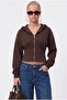 Women's Novis Slim Fit Brown Hooded Sweatshirt with Elastic Waist - 2