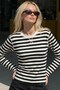 Women's Striped Long Sleeve Blouse Retro Line White Black – Crew Neck, Slim Fit, Contrast Stripes