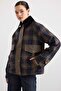 Velvet Collared Zipper Closure Plaid Trench Coat Green 6921 - 3
