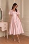 Women's Powder Pink Satin Dress – V-Neck Short Sleeve Flared Cut Midi Event Dress - 7