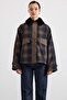 Velvet Collared Zipper Closure Plaid Trench Coat Green 6921 - 4