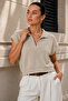 Women's Light Beige Polo Collar Bat Sleeve 100% Cotton Knitwear Blouse