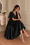 Women's Black Satin Dress – V-Neck Short Sleeve Flared Cut Midi Event Dress - 3