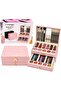 Make Up Kit, Essential Beauty, Pink Case Eyeshadow Palettes, Brushes & Pencils, Lip Gloss Included, Built-in Mirror, 2-Tier Drawer Case - 2