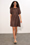 Women's Tie Collar Short Sleeve Gathered Dress 2600 - Brown