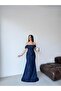 Navy Blue Off-Shoulder Bustier Detailed Lace Long Evening Dress - 2