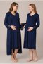 Women's Navy Blue Lace Long Sleeve Maternity Nightgown Set with Nursing Detail and Robe