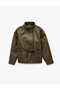 Long Sleeve Stand Collar Belted Faux Leather Jacket - 4