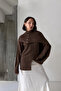Women's Brown Buttoned Shawl Detailed Slit Premium Quality Knitwear Poncho Sweater