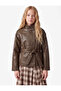 Long Sleeve Stand Collar Belted Faux Leather Jacket - 2