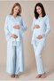 Women's Blue Lace Long Sleeve Maternity Pajama Set with Dressing Gown for Easy Breastfeeding - 3
