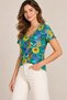 Women's V-Neck Short Sleeve Botanical Print T-Shirt - Turquoise Multicolor Floral - 3