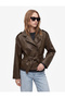 Belted Pocketed Stand Collar Long Sleeve Double Breasted Faux Leather Jacket - 2