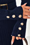 Women's Navy Blue Stylish Belted and Cuff Button Detailed Long Knit Dress - 5