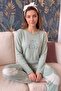 Green Foglia Patterned Waffle Soft Long Sleeve Women's Pajama Set - 3