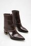 Women's Brown Patent Leather Crocodile Patterned Pointed Toe Boots with Studs and Gold Metal Detail on Thick Heels - 2