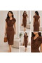 Women's Brown Degaje Draped Collar Bat Sleeve Pencil Midi Dress with Rose Accessories - 4